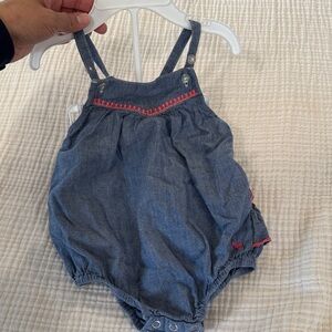 Pink Chicken Blue Denim Romper with Pink Accents